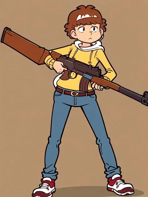 (extremely,detailed ,CG, unity, 8k, wallpaper),best lighting,masterpiece,best quality,<lora:ashuai:0.7>,brown hair,solo,yellow hoodie,simple background,shoes,pants,short hair,jeans,stand,full body,(<lora:leveractionrifle-AOM2:0.6> leveraction),antique firearm,holding weapon,trigger discipline,