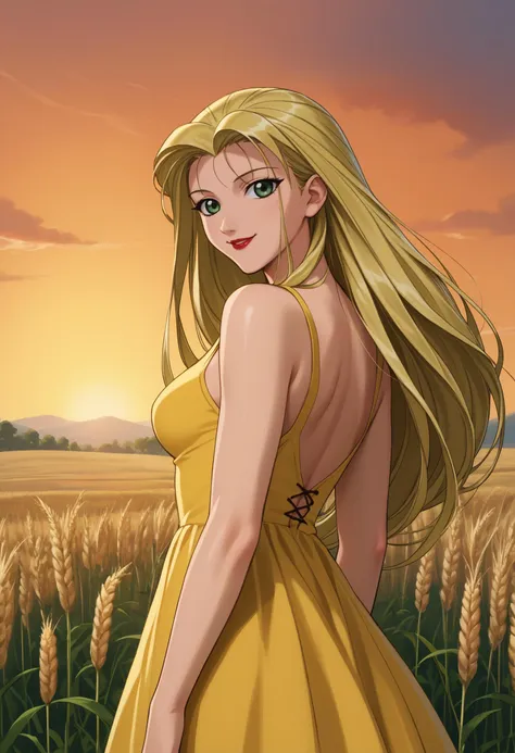 score_9, score_8_up, score_7_up, 1girl, solo, jurabasil, green eyes, red lipstick, blonde hair, long hair, large breasts,
yellow sundress, sleeveless,
looking at viewer, smile, parted lips, looking back, fit,
outdoors, wheat field, sunset,
1990s \(style\), 
<lora:JuraBasilEldenPDXL_V1-Manityro-CAME:1.0>,