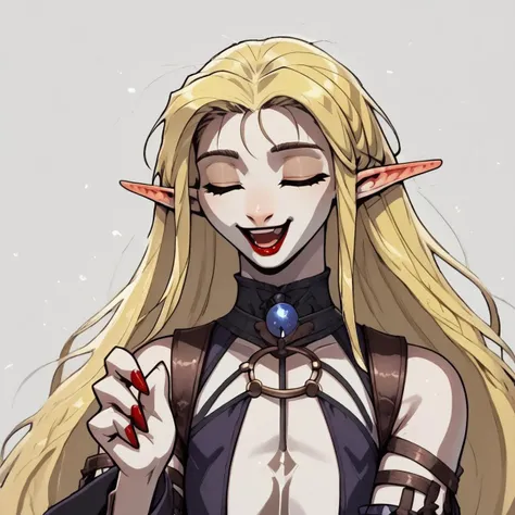 ((Lapanya)), 1 person, cavern background
solo, pointy ears, ((snout nose)):1.1, flat chest, androgynous body, 3 fingers 1 thumb, fully clothed, close up, jurabasil, closed eyes, blonde hair, long hair, red lipstick, red fingernails
basilOtft, halterneck, purple dress, red two-sided dress, taut dress, center opening, o-ring harness, detached sleeves, wide sleeves, side slit
Open mouth, laughing
((organic chamber, cavern, soft light, luminous moss)):1.1, clean lines, highly detailed, high quality, ((semi-realistic)), medieval style, best quality, rating: g
score_9, score_8_up