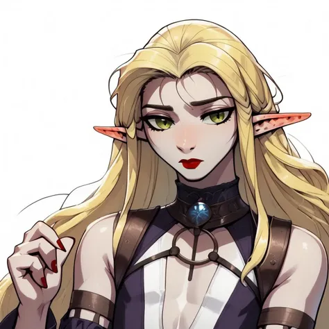 ((Lapanya)), 1 person, cavern background
solo, pointy ears, ((snout nose)):1.1, flat chest, androgynous body, 3 fingers 1 thumb, fully clothed, close up, jurabasil, green eyes, blonde hair, long hair, red lipstick, red fingernails
basilOtft, halterneck, purple dress, red two-sided dress, taut dress, center opening, o-ring harness, detached sleeves, wide sleeves, side slit
((sad expression, pouting)):1.2, pouty lips
((organic chamber, cavern, soft light, luminous moss)):1.1, clean lines, highly detailed, high quality, ((semi-realistic)), medieval style, best quality, rating: g
score_9, score_8_up