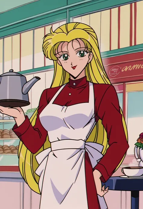 score_9, score_8_up,score_7_up, source_anime, 1girl, solo,  <lora:JuraBasilEldenPDXL_V1-Manityro-CAME:1> jurabasil, green eyes, blonde hair, long hair, large breasts, red lipstick, 
indoors, diner, holding, coffee pot, waitress, tray, serving, standing, smile, anime screencap, 1990s \(style\), takeuchi_naoko