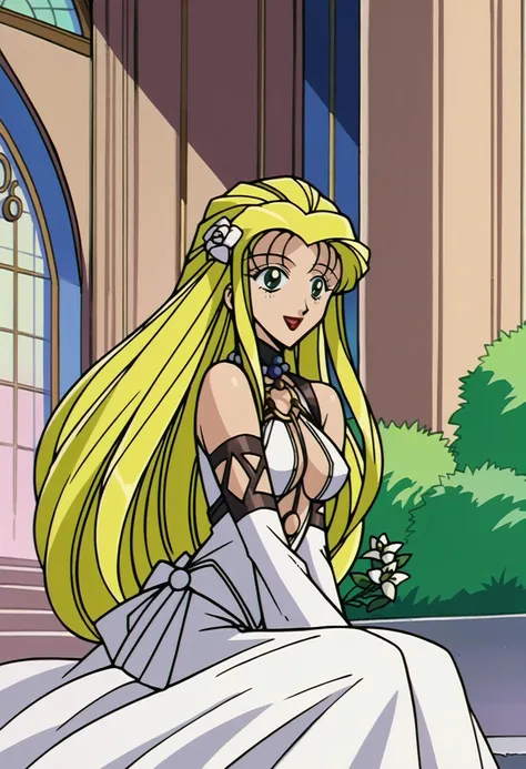 score_9, score_8_up,score_7_up, source_anime, 1girl, solo,  anime screencap, 1990s \(style\),  <lora:JuraBasilEldenPDXL_V1-Manityro-CAME:1> jurabasil, green eyes, blonde hair, long hair, large breasts, red lipstick, basilOtft, halterneck, center opening, o-ring harness, detached sleeves, wide sleeves, side slit, 
bride, wedding dress, bridal veil, white dress, hair ornament, white flower, pearl necklace, indoors, church, pillar, bush, sitting, from side, arm support, elbow gloves, white gloves, long dress, jewelry, arch, smile, open mouth