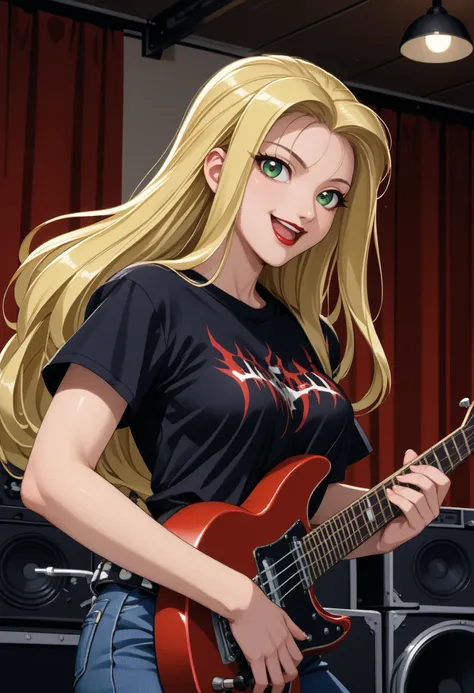 score_9, score_8_up, score_7_up, 1girl, solo, jurabasil, green eyes, red lipstick, blonde hair, long hair, large breasts,
EPblackmetalprint, wearing EPblackmetalprint, black t-shirt, studded belt, studded jeans,
smile, happy, open mouth, playing instrument, electric guitar,
indoors, stage, stage lights, heavy metal show, 
1990s \(style\), 
<lora:JuraBasilEldenPDXL_V1-Manityro-CAME:1.0>, <lora:EPblackmetalprint:1.0>