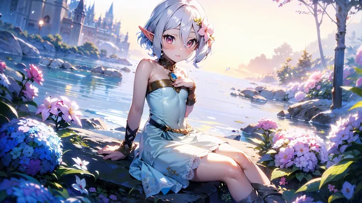 best quality,paper background,ice crest inspired background,imaginary background,pale tone,delicate,<lora:kokkoro_v1:1>,1girl,elf,****,ice dress,lace pattern,flower,flat chest,depth of field,looking_at_viewer,closed_mouth,sitting,wind spirit,glazing of the eyes,