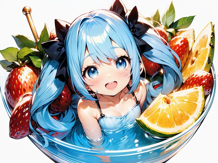 1girl,in container,solo,kawaii,flat chest,twintails,blue hair,short,submerged,cup,white background,drinking glass,blush,bubble,in cup,glass,simple background,(minigirl:1.2),looking at viewer,fruit,pastel style,white dress,strawberry,grape,spoon,pineapple,fresh cream,bright smile,open mouth,fruit mix,very happy,