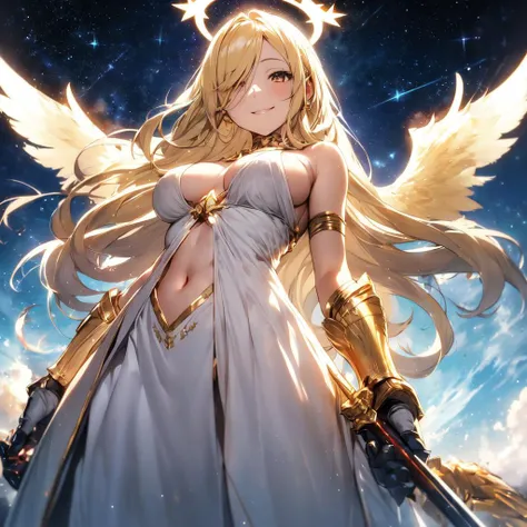 from below, flying, looking at viewer, half-closed eyes, smile, 1girl, 30 years old, blonde hair, very long hair, hair over one eye, golden eyes, glowing eyes, medium breasts, halo, wings, dress, revealing clothes, cutout, navel, gauntlets, spear, sky, night, stars, starry sky