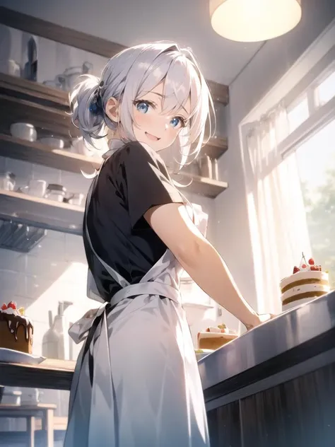 1girl, kitchen, apron, happy,
from below,
cinematic lighting, shade,
cake,