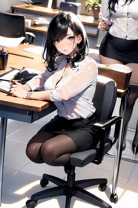 (masterpiece, best quality), a young black haired girl office secretary dressed in a transparent white blouse and black office skirt and black pantyhose ,sitting in an office chair, holding pencil, (detailed skin:1.3),(detailed eyes), (sharp focus),