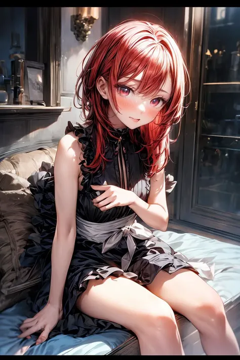 (masterpiece, best quality), 1girl, red hair, medium chest, gothic frill dress, pervert face, <lora:add_detail:1>