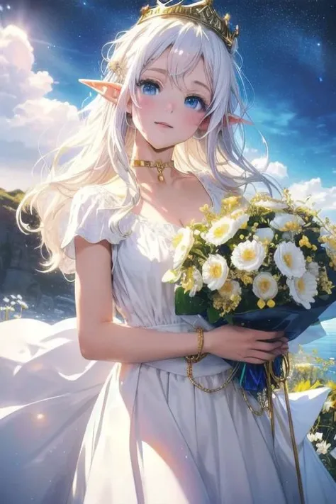 masterpiece, (Best quality:1.2), highres, (scenary:1.2), Dynamic light, 1girl /(elf/), white dress, Tapered dress, (nature, choker), (Light from the depths, Lightened, black scenary), (golden crown, white flowers, White eyelashes, long laces a Bracelet), detailed face, starry,strry light,night,colorful,cloud,star \(sky\), smile, blue eyes /(Hyper detailed/),