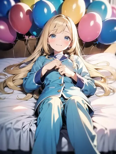 1girl, colorful, detailed, blonde hair, long hair,
on back, bed,
blue pajamas,
balloons, (flowers, ribbons), 
 <lora:GoodHands-beta2:1>,
flat color,