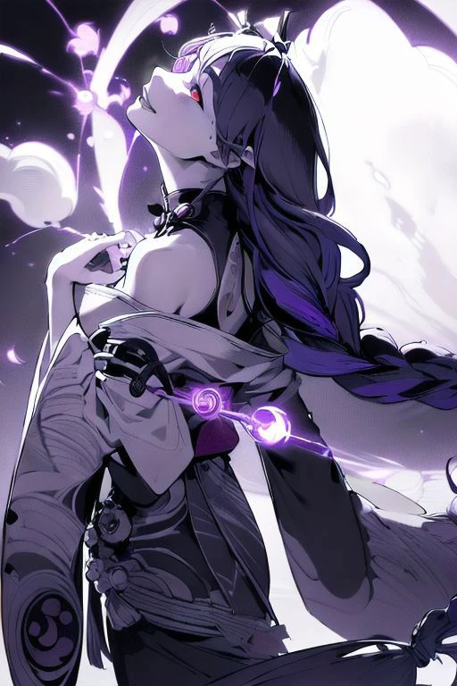 (masterpiece:1.4), (Best quality:1.2), (highres:1.2), (scenary:1.2), Dynamic light, 1girl, purple hair, long hair,braid,hair ornament,purple eyes, cleavage,shoulder armor, kimono ,long sleeves ,wide sleeves , tassel, tomoe \(symbol\), (from side, black and white, looking up, monochrome:1.2), (kaneki_meme:1.2),