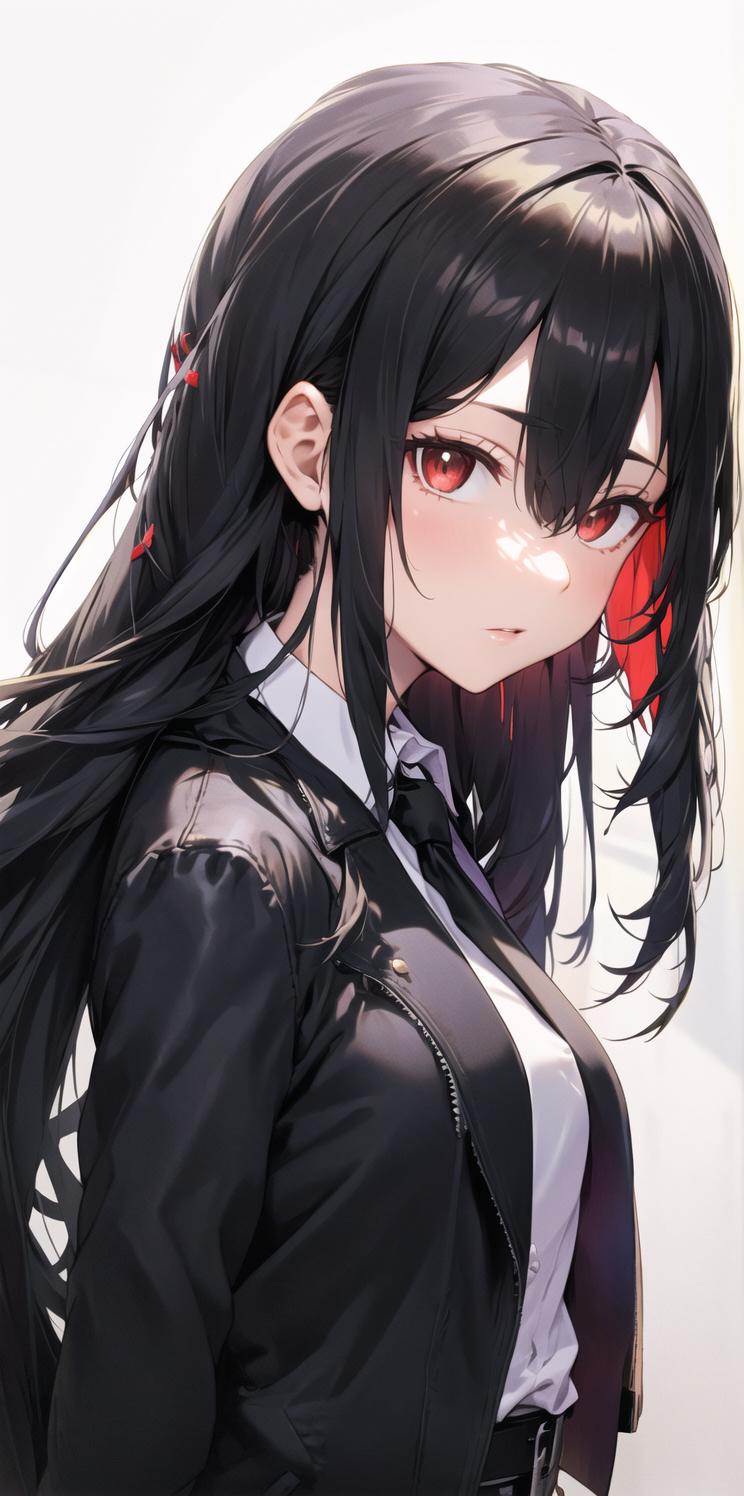 Anime girl with long black hair and red eyes wearing a black jacket ...