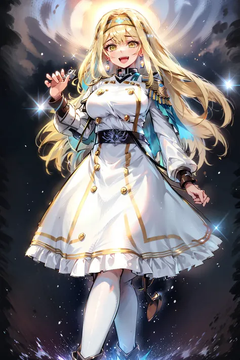 masterpiece, best quality, ultra-detailed, glistening shiny, glowing light, ray tracing, HDR, deph of field, (perfect face, detailed face, detailed eyes,perfect hands,perfect fingers), 8k,HD,ultra realistic face,ray tracing,perfect lighting,best quality, ultra-detailed, shiny eyes, (looking at viewer,open mouth smile:1.1), ((1girl)), (mature female:1.4), thicc,
<lora:ireneYGO_LoHa_LeaderThree_v1:1>,
gibrineYGOLT,
yellow eyes, blonde hair, very long hair, hair intakes, two-tone hairband, glowing, blue ribbon, cross earrings, jewelry,
blue epaulettes, white capelet, jacket, blue uniform, high-waist skirt, black pantyhose, white boots, high heels, knee boots,
water, sparkle. gun, holding gun, full moon,