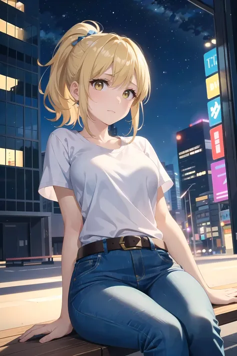 1girl, solo focus, medium hair, ponytail, blonde hair,beautiful face, bright yellow eyes, white t-shirt, brown belt, jeans, blue ribbon, worried, light_frown, medium shot, sitting on a bench, city background, futuristic city, night, moody,cyberpunk, depth_of_field, park,