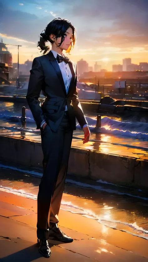 (best quality, high quality, photograph, hyperrealism, masterpiece, 8k:1.3), 1girl, Thai, rough, nsfw, tuxedo, bowtie, lob hair hair, ashamed, Sunset Lighting, The warm, golden glow of a sunset, adding a romantic and enchanting feel to the scene, trending on Pinterest, concept art, shot by tim walker, from afar, full body