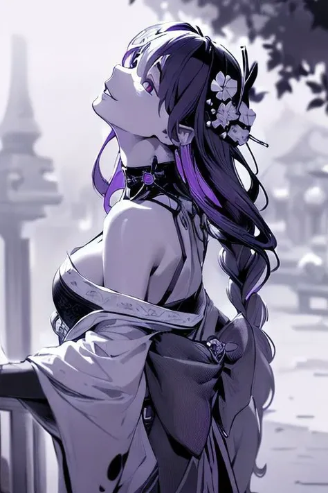 (masterpiece:1.4), (Best quality:1.2), (highres:1.2), (scenary:1.2), Dynamic light, 1girl, purple hair, long hair,braid,hair ornament,purple eyes, cleavage,shoulder armor, kimono ,long sleeves ,wide sleeves , tassel, tomoe \(symbol\), (from side, black and white, looking up, monochrome:1.2), (kaneki_meme:1.2),