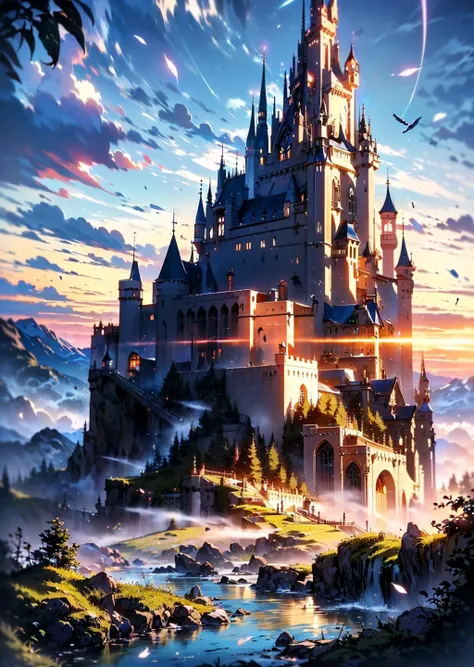(extremely detailed CG unity 8k wallpaper),(((masterpiece))),(((best quality))),((ultra-detailed)),(best illustration),(best shadow),((an extremely delicate and beautiful)),dynamic angle,floating,The detailed castle,(((the best building))),mist encircles the mountains,fairyland,dynamic angle,classic,(detailed light),feather,nature,(sunlight),river,forest,flowers,beautiful and delicate water,(painting),(sketch),(bloom),(shine),, masterpiece,best quality,highly detailed,Amazing,finely detail,extremely detailed CG unity 8k wallpaper,score:>=60,, beautiful detailed eyes,Fine hair texture,, Cinematic Lighting,rim light,available light,light leaks,depth_of_field,blurry,