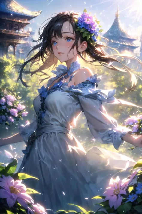 (extremely detailed CG unity 8k wallpaper),(((masterpiece))),(((best quality))),((ultra-detailed)),(best illustration),(best shadow),((an extremely delicate and beautiful)),dynamic angle,floating,fairyland,dynamic angle,sea of flowers,beautiful detailed garden,wind,classic,spring,(detailed light),feather,nature,(sunlight),river,forest,(((floating palace))),((the best building)),beautiful and delicate water,(painting),(sketch),(bloom),(shine),, masterpiece,best quality,highly detailed,Amazing,finely detail,extremely detailed CG unity 8k wallpaper,score:>=60,, beautiful detailed eyes,Fine hair texture,, Cinematic Lighting,rim light,available light,light leaks,depth_of_field,blurry,