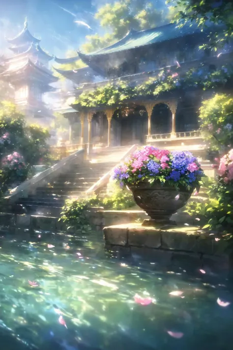 (extremely detailed CG unity 8k wallpaper),(((masterpiece))),(((best quality))),((ultra-detailed)),(best illustration),(best shadow),((an extremely delicate and beautiful)),dynamic angle,floating,fairyland,dynamic angle,sea of flowers,beautiful detailed garden,wind,classic,spring,(detailed light),feather,nature,(sunlight),river,forest,(((floating palace))),((the best building)),beautiful and delicate water,(painting),(sketch),(bloom),(shine),, masterpiece,best quality,highly detailed,Amazing,finely detail,extremely detailed CG unity 8k wallpaper,score:>=60,, beautiful detailed eyes,Fine hair texture,, Cinematic Lighting,rim light,available light,light leaks,depth_of_field,blurry,