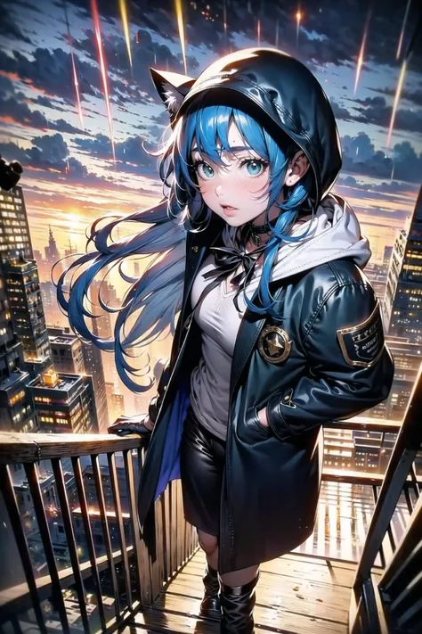 ((masterpiece)),(((best quality))),(ultra-detailed:1.5),((illustration)),((disheveled hair)),(1girl),solo,ambiguous gender,animal ears,artist name,black footwear,black gloves,black pants,black ribbon,blood,blood from eyes,blood from mouth,blood on clothes,bloodonface,blue coat,blue hair,boots,building,bulletproof vest,cat ears,cattail,caution tape,A broken building,character name,city,cityscape,cloud,cloudy sky,coat,corpse,crane (machine),crystal,cuts,eyelashes,gloves,green eyes,grey coat,hood,hood down,hood up,hooded coat,impaled,injury,keep out,ladder,leg ribbon,lightning,long hair,looking up,mask,meteor,open clothes,open coat,outdoors,pants,parted lips,railing,rain,ribbon,rooftop,sidelocks,sky,skyscraper,tail,very long hair,(Heavy rains),Negative prompt,Smooth reflection,(specular reflection),(delicate and delicate face:1.5),TheresidualeavesDuanBi,Dark tonal,(Iridescenceandrainboweyes),backlight,, masterpiece,best quality,highly detailed,Amazing,finely detail,extremely detailed CG unity 8k wallpaper,score:>=60,, beautiful detailed eyes,Fine hair texture,, incredibly absurdres,wallpaper,realistic,real,photo,landscape,foreshortening,