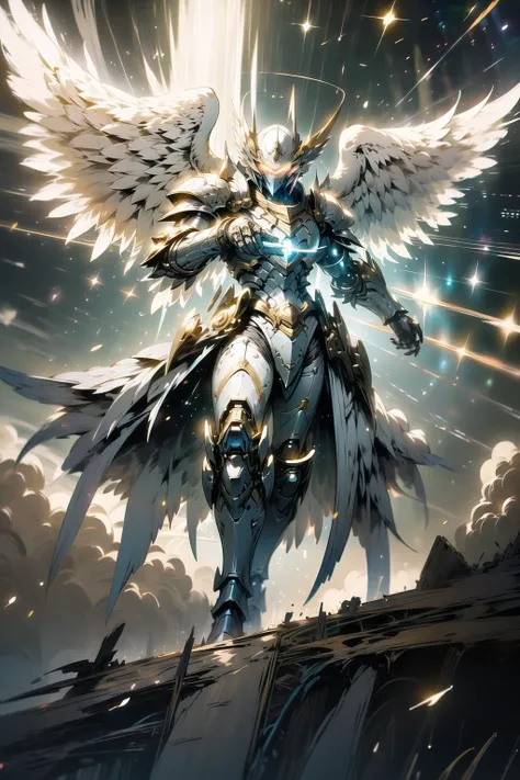 (masterpiece, best quality:1.3),extremely high detailed, intricate, 8k, HDR, wallpaper, cinematic lighting, ,(universe:1.4),gun,(firing), glowing, armor, glowing eyes, mecha, large wings, <lora:AngelicMecha:1>