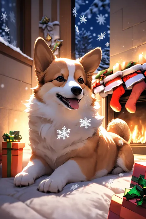 <lora:2_å¨ç©æ¨¡å丨æ¯åº MG_CORGI_V1.0:0.65>,mangguo,welsh corgi,dog,animal,no humans,:d,on stomach,indoor,palace,sculpture,carpet,stuffed_animal,pillow,flower,flower_bloom,ceiling window,(christmas:1.5),(night:1.4),christmas_tree,(snowflakes:1.2),fireplace,, masterpiece,best quality,highly detailed,Amazing,finely detail,extremely detailed CG unity 8k wallpaper,score:>=60,