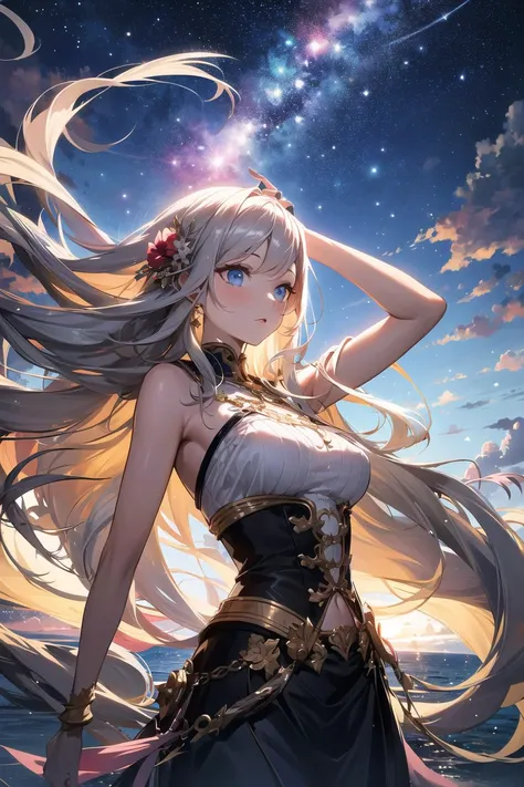 absurdres, highres, (official art, beautiful and aesthetic:1.2), close view, arm up from below
1girl, shining sky, vast world, gazing, awe-inspiring expression, distant horizon, clouds, high hill, natural beauty, inspiration, night sky, Shining Stars,
<lora:apstyle3diff:1> apstyle3 apstyle masterpiece best quality detailed eyes