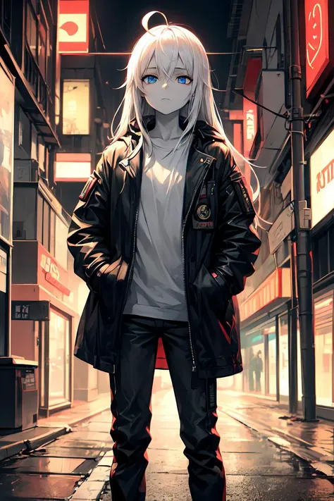 best quality, masterpiece, 1girl, night, cyberpunk alley, clutter, neon, coat, hands in pockets, white hair, ahoge, absurdly long hair, blue eyes, petite, expressionless, pale skin, cyberpunk pants, flat chest, solo, looking away
