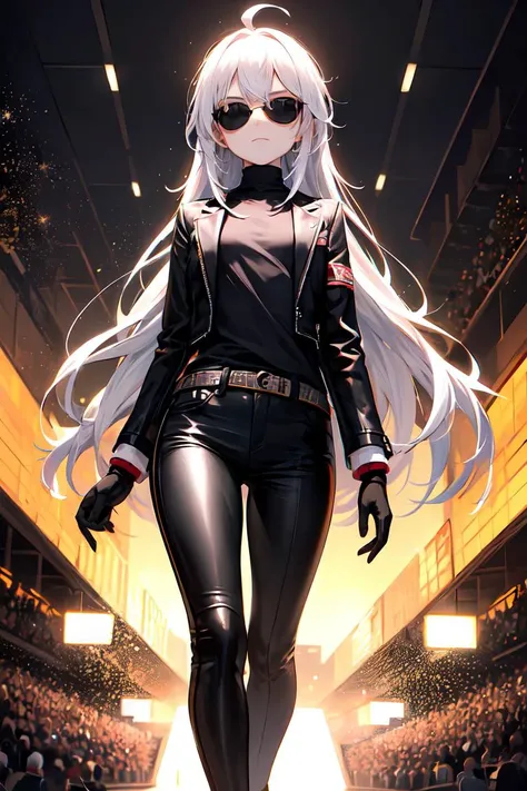 best quality, masterpiece, 1girl, white hair, ahoge, absurdly long hair, petite, flat chest, fashion show, rtx, sparkles, lights, pale skin, black pants, black jacket, suit, walking, podium, expressionless, cool attitude, open jacket, dynamic view, from below, black gloves, turtleneck, colorful, black sunglasses, solo