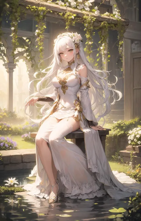 (masterpiece, best quality), (fractal art:1.3), (1girl), rich, white hair, white hair ornament, white earrings, detailed white eyes, detailed white clothes, highly detailed, cinematic lighting, intricate details, (specular light:1.5), colorful, glowing, shiny, depth of field, white flower, garden, reflective pond, white bridge, full body
