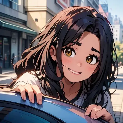 (masterpiece:1.4), high quality, high definition, sharp focus, detailed face, anime, best quality, 4k, 8k, absurd resolution, intricate detail, detailed hands, detailed eyes, animation, illustration, highly detailed, highres, extremely detailed, <lora:ETO_OCC002:0.7> ETO_OCC, black hair, curly hair,longhair, thick eyebrows, <lora:hyperdenoiser_v090:0.6>, (looking at viewer:1.4), (plump:1.2), (hazel eyes:1.3), <lora:mesugaki-10:0.7>, smile, smug, <lora:DMC12-000004:1> DMC12, car, street, road, outdoors,