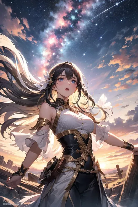 absurdres, highres, (official art, beautiful and aesthetic:1.2), close view, arm up from below
1girl, shining sky, vast world, gazing, awe-inspiring expression, distant horizon, clouds, high hill, natural beauty, inspiration, night sky, Shining Stars,
<lora:apstyle:0.5>apstyle