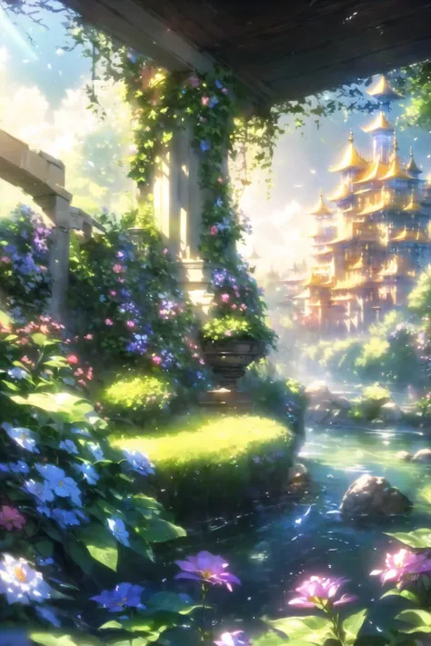 (extremely detailed CG unity 8k wallpaper),(((masterpiece))),(((best quality))),((ultra-detailed)),(best illustration),(best shadow),((an extremely delicate and beautiful)),dynamic angle,floating,fairyland,dynamic angle,sea of flowers,beautiful detailed garden,wind,classic,spring,(detailed light),feather,nature,(sunlight),river,forest,(((floating palace))),((the best building)),beautiful and delicate water,(painting),(sketch),(bloom),(shine),, masterpiece,best quality,highly detailed,Amazing,finely detail,extremely detailed CG unity 8k wallpaper,score:>=60,, beautiful detailed eyes,Fine hair texture,, Cinematic Lighting,rim light,available light,light leaks,depth_of_field,blurry,