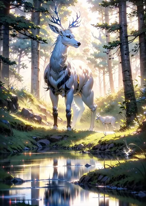 boy,short hair,ancient costume,(fishing:1.3),sitting cross-legged,forest,sparkling spring,<lora:lora-Sacred_beastç¥å
½:0.4>,(white stag:1.5),white,glowing,walking slowly,moon-shaped,colorful patterns,serene expression,focused,looking at fishing rod,ripples on the water,clear reflection,fish jumping,moss-covered rocks,lush greenery,tall trees,breezy atmosphere,sunlight filtering through the leaves,tranquility,peaceful ambiance,natureâs beauty,(Early morning:1.3),Fog,Tyndall light effect,
(A short-haired boy dressed in ancient costume is fishing by a spring in the forest.),(A white glowing stag slowly walks out from the woods behind the boy.),(The stag has crescent-shaped patterns in various colors on its body.:1.5),, masterpiece,best quality,highly detailed,Amazing,finely detail,extremely detailed CG unity 8k wallpaper,score:>=60,, incredibly absurdres,wallpaper,realistic,real,photo,landscape,foreshortening,
