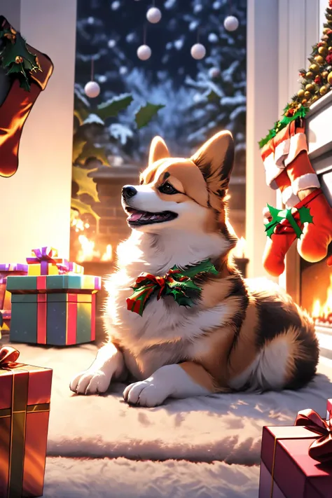 <lora:2_å¨ç©æ¨¡å丨æ¯åº MG_CORGI_V1.0:0.65>,mangguo,welsh corgi,dog,animal,no humans,:d,on stomach,indoor,palace,sculpture,carpet,stuffed_animal,pillow,flower,flower_bloom,ceiling window,(christmas:1.5),(night:1.4),christmas_tree,(snowflakes:1.2),fireplace,, masterpiece,best quality,highly detailed,Amazing,finely detail,extremely detailed CG unity 8k wallpaper,score:>=60,