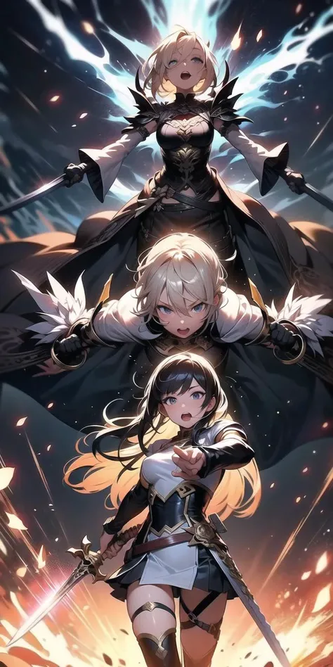 masterpiece best quality 1girl 
right hands hold long sword
left hands hold short sword
(dual wielding twin sword:1.2) cross dagger
arms up 
open mouth 
spark black background