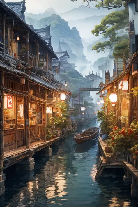 landscape,water town,commercial street,central waterway,small boats,wooden arch bridge,tourists standing,scenic background,traditional architecture,cobblestone path,lanterns,local shops,bustling atmosphere,reflections on water surface,serene river,clear sky,distant mountains,<lora:绪å¿-æ°´ä¹¡åºæ¯_V1:0.6>,<lora:1ç»èå¢å Add More Details - Detail Enhancer>,<lora:lora-GongbiPainting å·¥ç¬ç»é£:1>,, masterpiece,best quality,highly detailed,Amazing,finely detail,extremely detailed CG unity 8k wallpaper,score:>=60,, incredibly absurdres,wallpaper,realistic,real,photo,landscape,foreshortening,, beautiful detailed eyes,Fine hair texture,