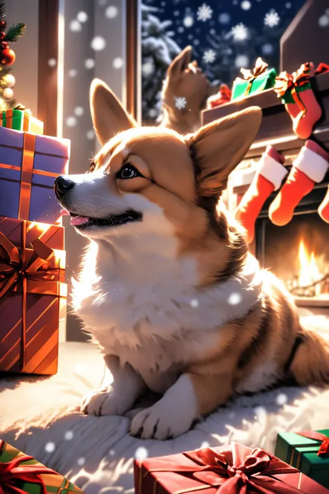 <lora:2_å¨ç©æ¨¡å丨æ¯åº MG_CORGI_V1.0:0.65>,mangguo,welsh corgi,dog,animal,no humans,:d,on stomach,indoor,palace,sculpture,carpet,stuffed_animal,pillow,flower,flower_bloom,ceiling window,(christmas:1.5),(night:1.4),christmas_tree,(snowflakes:1.2),fireplace,, masterpiece,best quality,highly detailed,Amazing,finely detail,extremely detailed CG unity 8k wallpaper,score:>=60,