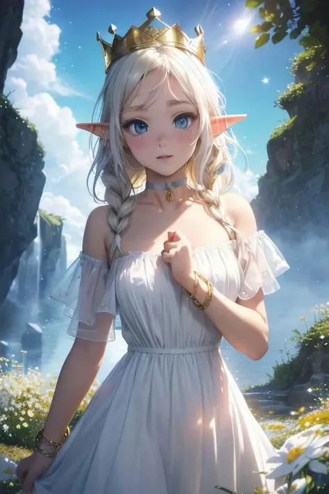 masterpiece, (Best quality:1.2), highres, (scenary:1.2), Dynamic light, 1girl /(elf/), white dress, Tapered dress, (nature, choker), (Light from the depths, Lightened, black scenary), (golden crown, white flowers, White eyelashes, long laces a Bracelet), detailed face, starry,strry light,night,colorful,cloud,star \(sky\), smile, blue eyes /(Hyper detailed/),