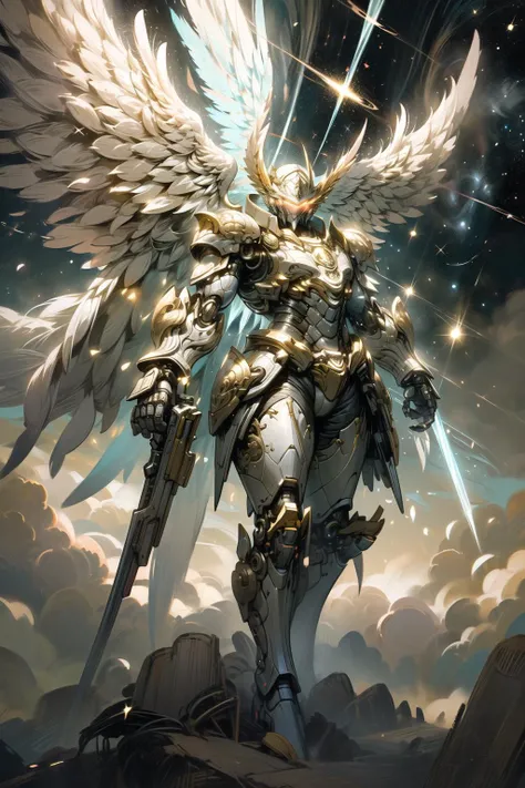 (masterpiece, best quality:1.3),extremely high detailed, intricate, 8k, HDR, wallpaper, cinematic lighting, ,(universe:1.4),gun,(firing), glowing, armor, glowing eyes, mecha, large wings, <lora:AngelicMecha:1>