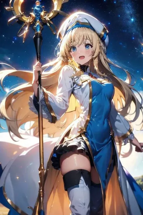 masterpiece, highres, (scenary:1.2), Dynamic light,priestess \(goblin slayer\), blonde hair, long hair, blue eyes, white headwear, dress, long sleeves, hat, thighhighs, thigh boots, holding staff, staff,