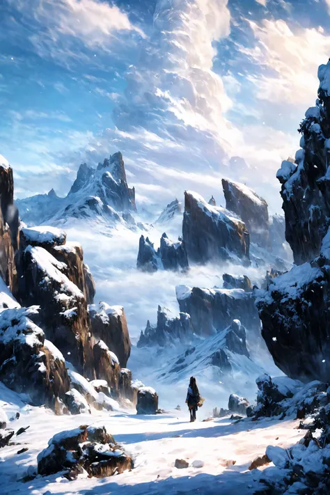 chinese style,1girl,no humans,scenery,fog,sky,outdoors,mountain,day,traditional media,landscape,cloud,blue sky,snow,blue theme,nature,rock,<lora:911ç»èå¢å Add More Details - Detail Enhancer:0.8>,, masterpiece,best quality,highly detailed,Amazing,finely detail,extremely detailed CG unity 8k wallpaper,score:>=60,, beautiful detailed eyes,Fine hair texture,, incredibly absurdres,wallpaper,realistic,real,photo,landscape,foreshortening,