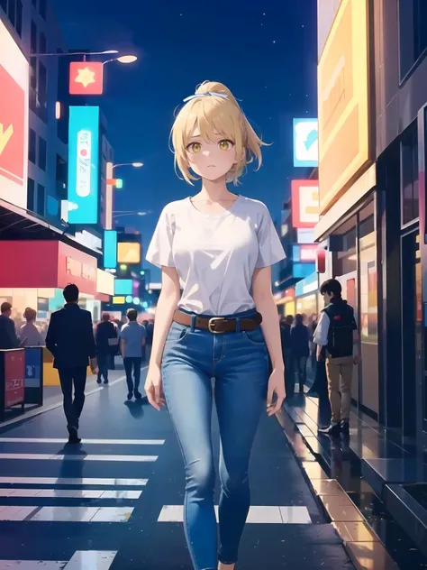 1girl, solo focus, medium hair, ponytail, blonde hair,beautiful face, bright yellow eyes,  (white t-shirt:1.1), brown belt, jeans, blue ribbon, looking away, sad,  full body, walking, city background, futuristic city, night, moody,cyberpunk, depth_of_field,