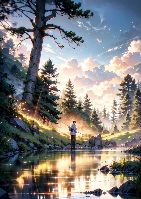 boy,short hair,ancient costume,(fishing:1.3),sitting cross-legged,forest,sparkling spring,<lora:lora-Sacred_beastç¥å½:0.4>,Crane,Red-crowned crane,glowing,walking slowly,moon-shaped,colorful patterns,serene expression,focused,looking at fishing rod,ripples on the water,clear reflection,fish jumping,moss-covered rocks,lush greenery,tall trees,breezy atmosphere,sunlight filtering through the leaves,tranquility,peaceful ambiance,natureâs beauty,(Early morning:1.3),Fog,Tyndall light effect,
(A short-haired boy dressed in ancient costume is fishing by a spring in the forest.),, masterpiece,best quality,highly detailed,Amazing,finely detail,extremely detailed CG unity 8k wallpaper,score:>=60,, incredibly absurdres,wallpaper,realistic,real,photo,landscape,foreshortening,