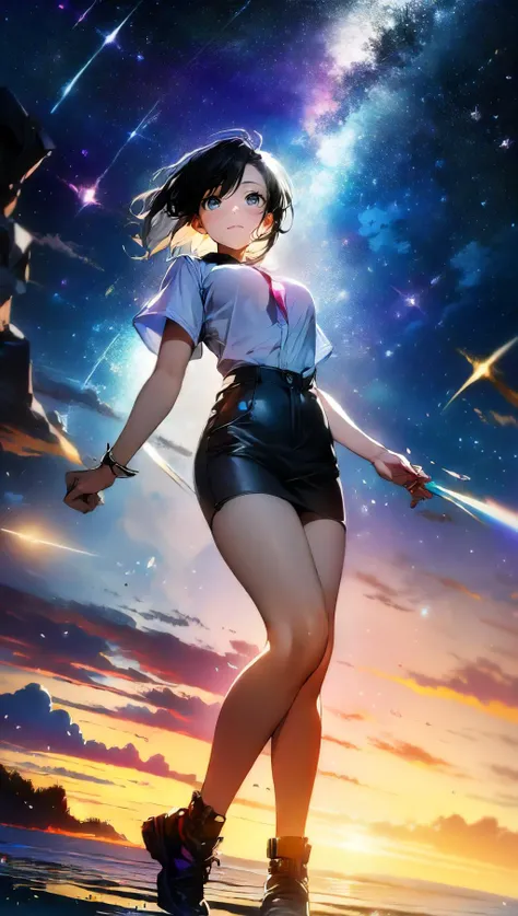 (best quality, high quality, photograph, hyperrealism, masterpiece, 8k:1.3), 1girl, Samoan, slender, nsfw, workwear, spiky pixie hair, sad, Starry Sky, A dark background with twinkling stars, setting a magical and romantic tone, trending on DeviantArt, concept art, shot by joel meyerowitz, wide angle, wide shot, full body