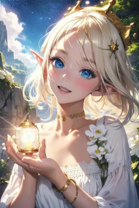 masterpiece, (Best quality:1.2), highres, (scenary:1.2), Dynamic light, 1girl /(elf/), white dress, Tapered dress, (nature, choker), (Light from the depths, Lightened, black scenary), (golden crown, white flowers, White eyelashes, long laces a Bracelet), detailed face, starry,strry light,night,colorful,cloud,star \(sky\), smile, blue eyes /(Hyper detailed/),