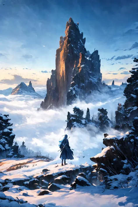 chinese style,1girl,no humans,scenery,fog,sky,outdoors,mountain,day,traditional media,landscape,cloud,blue sky,snow,blue theme,nature,rock,<lora:911ç»èå¢å Add More Details - Detail Enhancer:0.8>,, masterpiece,best quality,highly detailed,Amazing,finely detail,extremely detailed CG unity 8k wallpaper,score:>=60,, beautiful detailed eyes,Fine hair texture,, incredibly absurdres,wallpaper,realistic,real,photo,landscape,foreshortening,