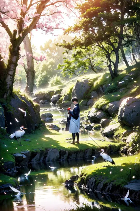 boy,short hair,ancient costume,(fishing:1.3),sitting cross-legged,forest,sparkling spring,Crane,(Red-crowned crane:1.2),dan ding he,red-crowned crane,A bird's beak,A pair of wings,A pair of bird legs,glowing,walking slowly,moon-shaped,colorful patterns,serene expression,focused,looking at fishing rod,ripples on the water,clear reflection,fish jumping,moss-covered rocks,lush greenery,tall trees,breezy atmosphere,sunlight filtering through the leaves,tranquility,peaceful ambiance,beauty,(Early morning:1.3),Fog,Tyndall light effect,
(A short-haired boy dressed in ancient costume is fishing by a spring in the forest.),, masterpiece,best quality,highly detailed,Amazing,finely detail,extremely detailed CG unity 8k wallpaper,score:>=60,, incredibly absurdres,wallpaper,realistic,real,photo,landscape,foreshortening,