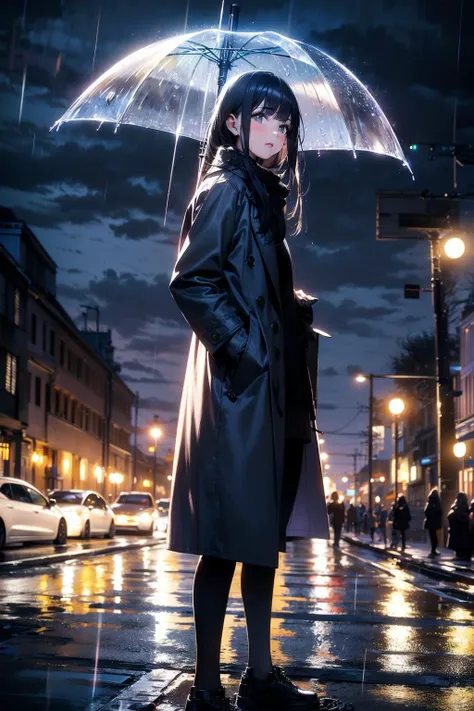 1girl,night city,rain,coat,hands in pockets